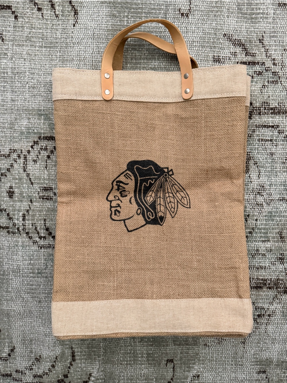 Apolis Canvas Tote Bag with Leather Handles - Tan, Chicago Blackhawks Edition